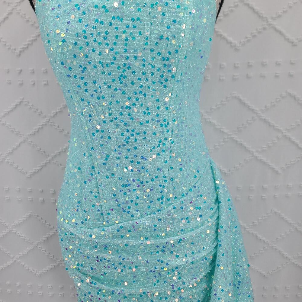 Mermaidcore Sequin aqua mini party dress zipper back Size Small Homecoming - Picture 3 of 11